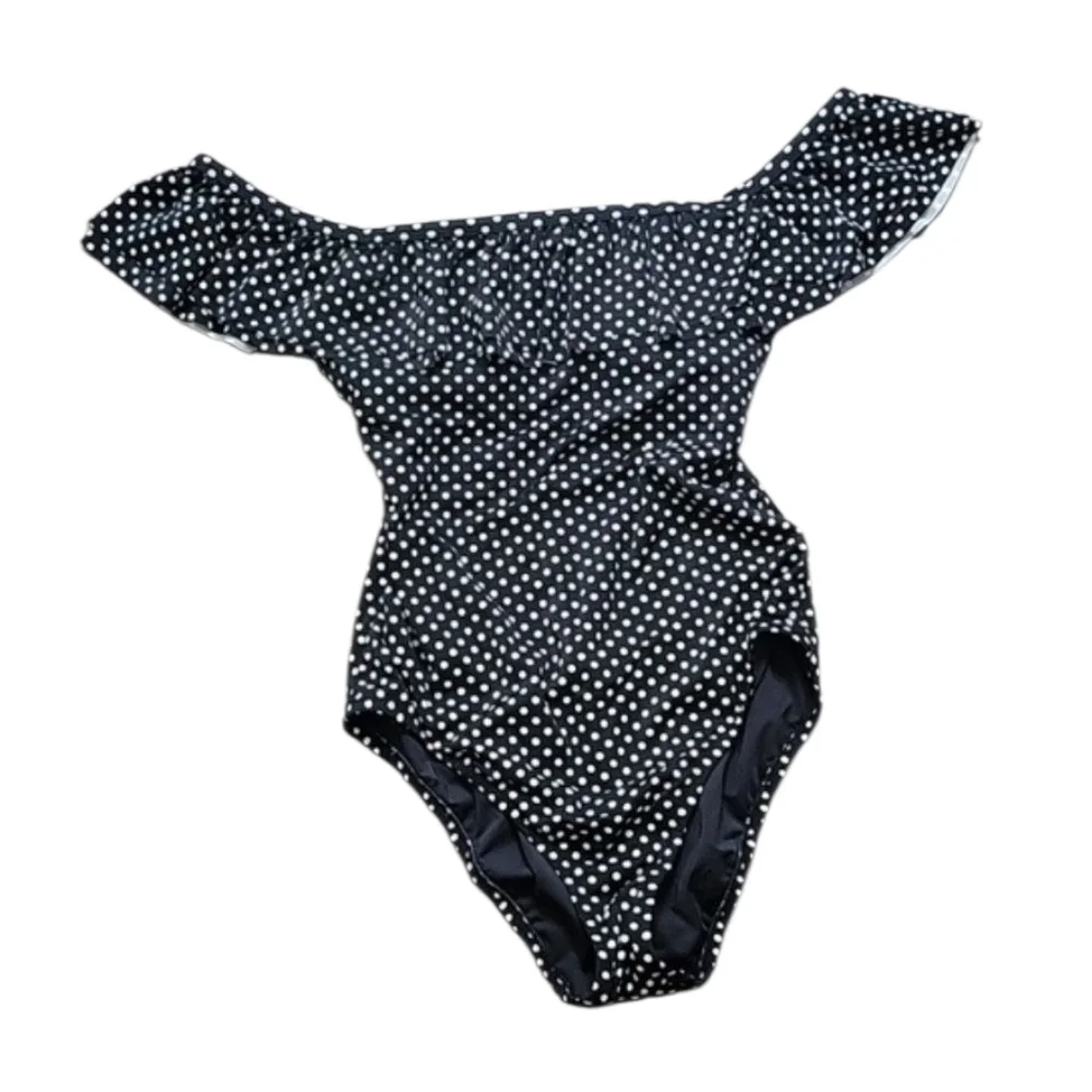 SALE J Crew Off Shoulder Ruffled Polka Dot One Piece Swimsuit Open Back Black 10